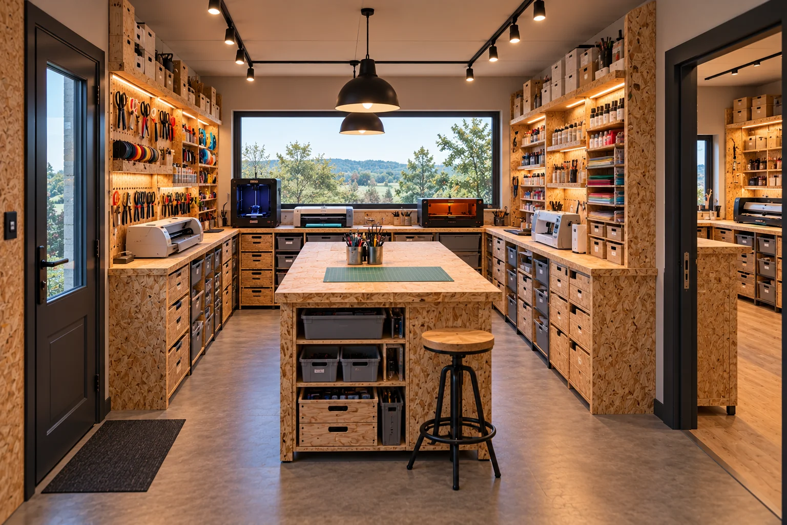 Illustration eines Makerspace-Innenraums mit OSB-Möbeln, Maschinen und Panoramafenster